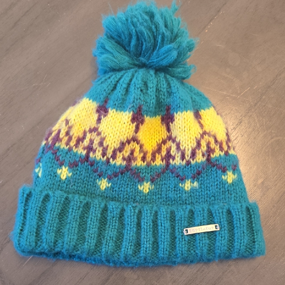 Turtlefur Blue and Yellow Knit Pom-Pom Hat